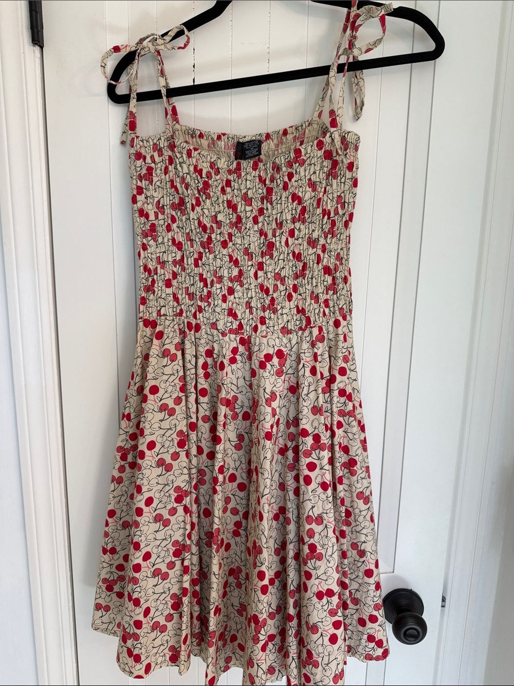 Fire Los Angeles Red Cherry Print Tie-Shoulder Mini Dress on Cream 💯 cotton